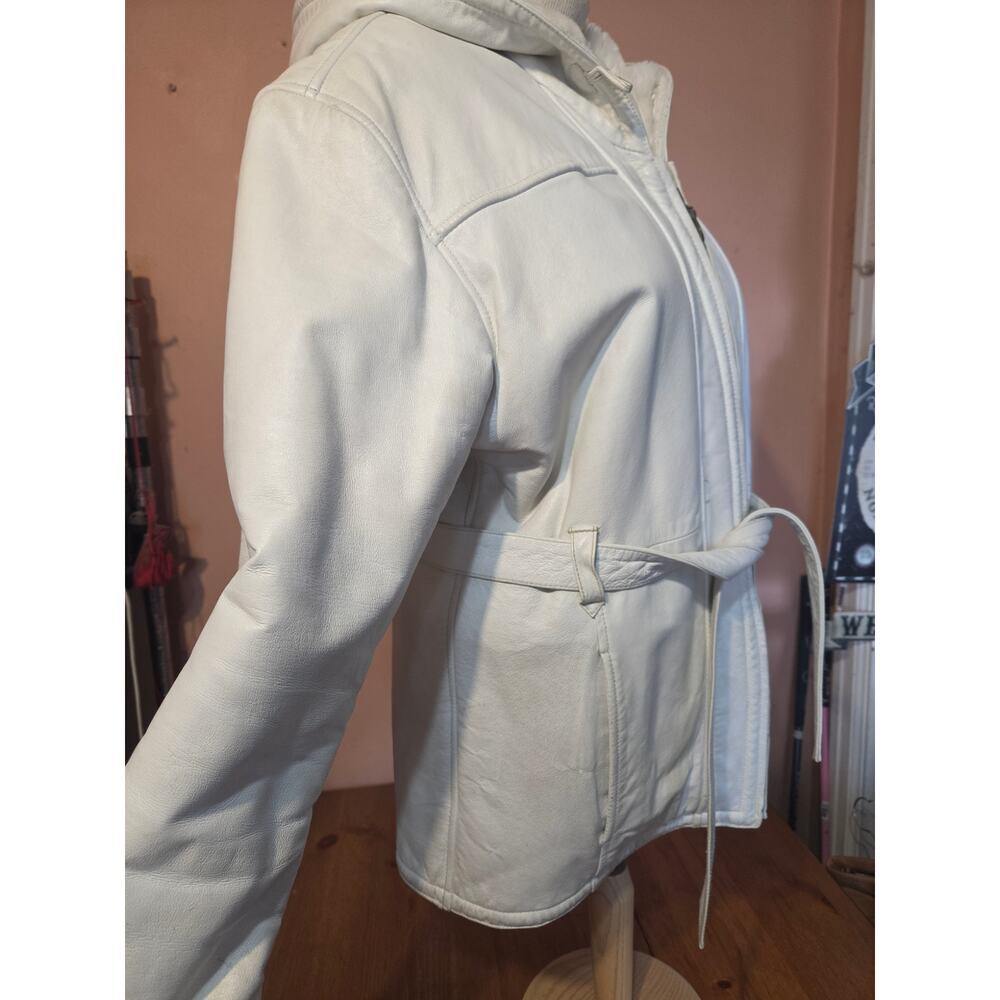 Vintage Y2k Wilsons Leather Fuzzy Lined Coat With Hood White Womens Size Large - Picture 3 of 11
